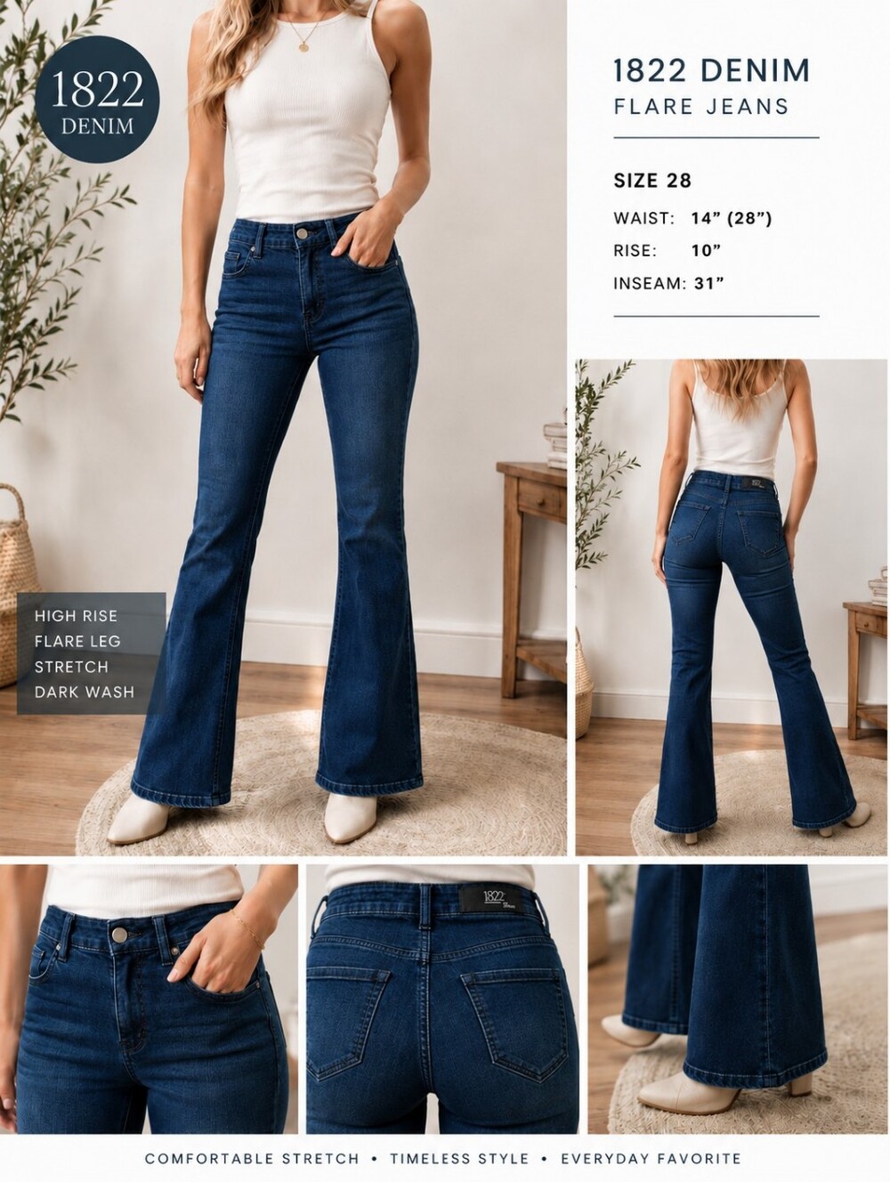1822 Denim Flare Jeans Size 28 Dark Wash High Rise Stretch 31" Inseam